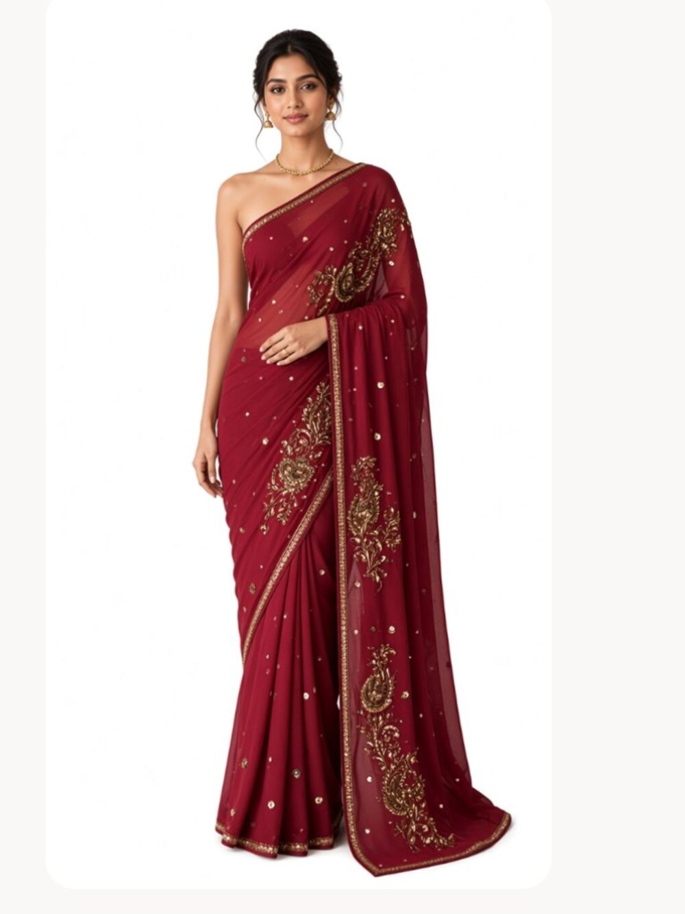NEW Maroon Red Gold Embroidered Saree Sequined Traditional Indian Chiffon
